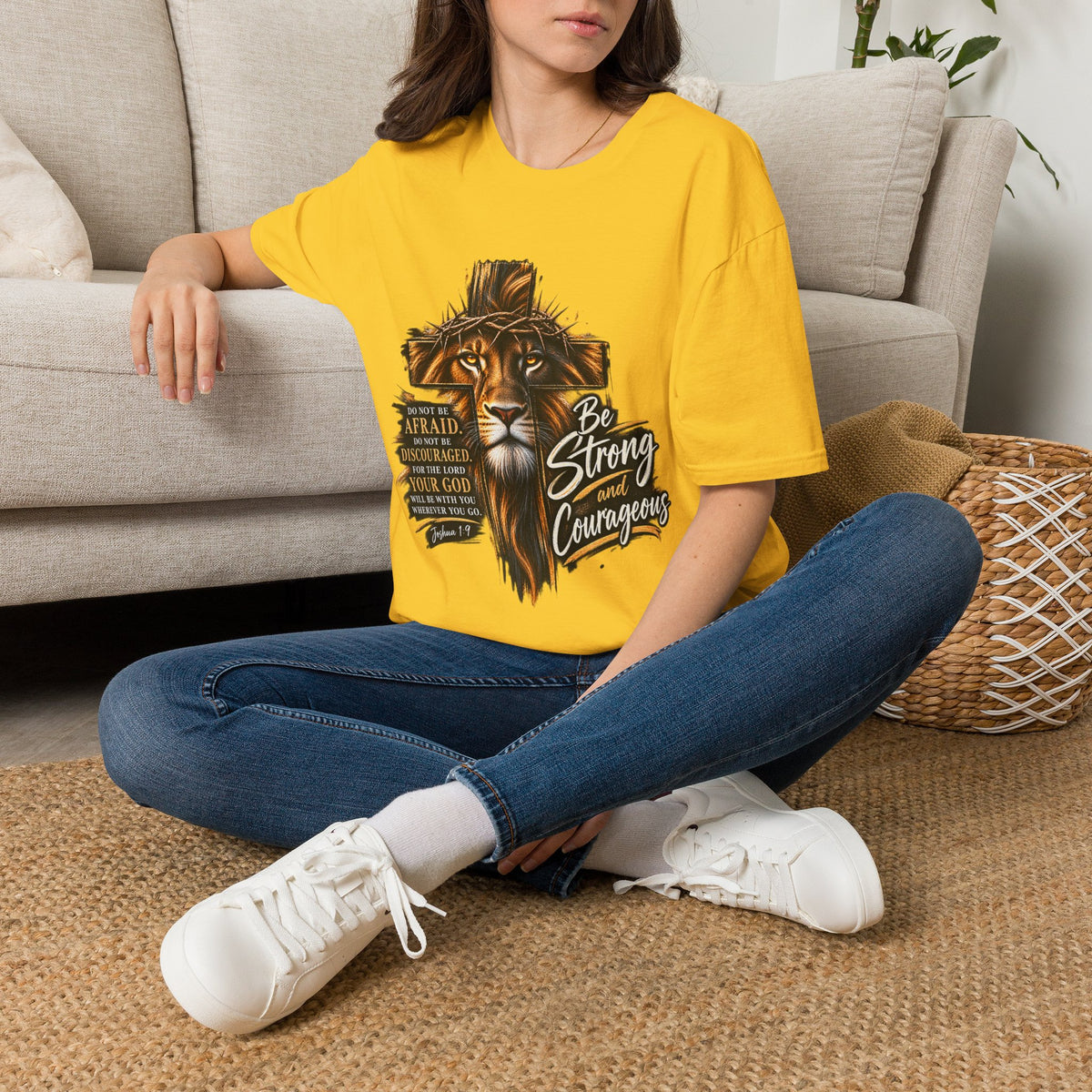 Be Strong and Courageous Christian T-Shirt – Joshua 1:9 Lion Faith Tee