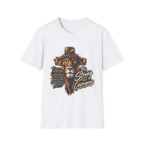 Be Strong and Courageous Christian T-Shirt – Joshua 1:9 Lion Faith Tee