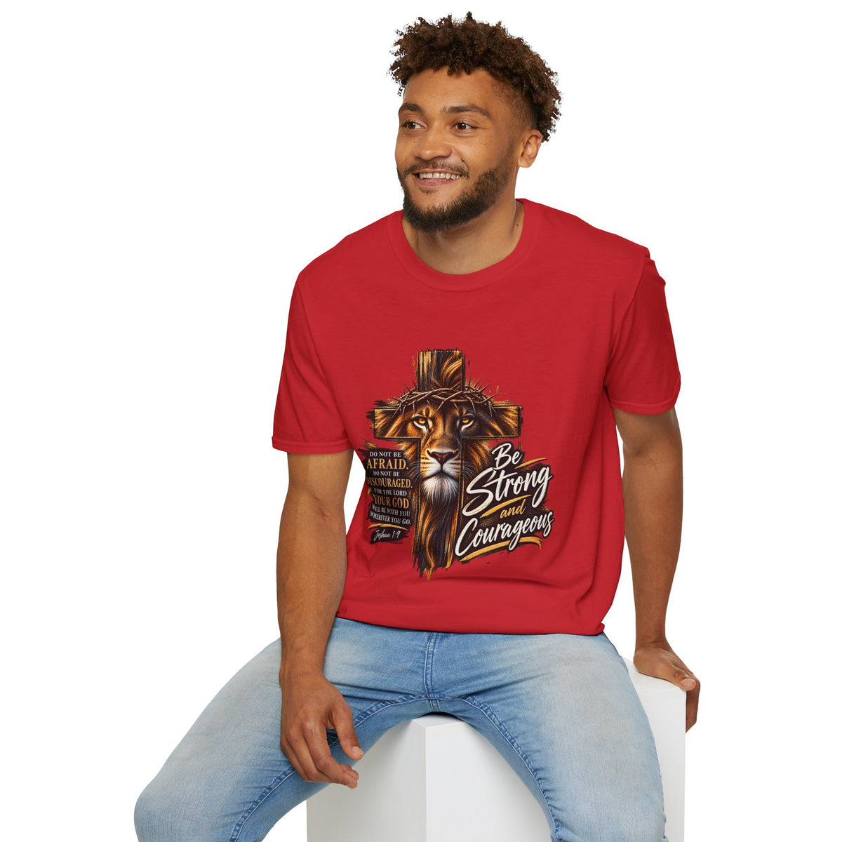Be Strong and Courageous Christian T-Shirt – Joshua 1:9 Lion Faith Tee