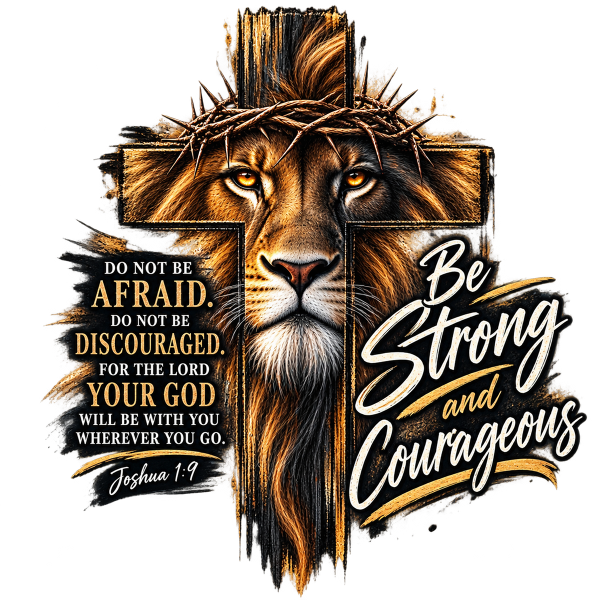 Be Strong and Courageous Christian T-Shirt – Joshua 1:9 Lion Faith Tee