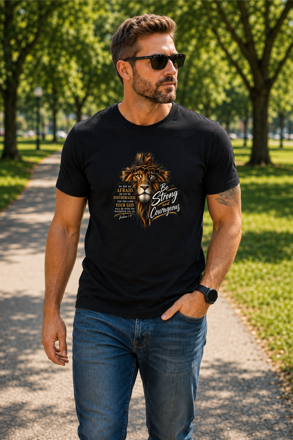 Be Strong and Courageous Christian T-Shirt – Joshua 1:9 Lion Faith Tee