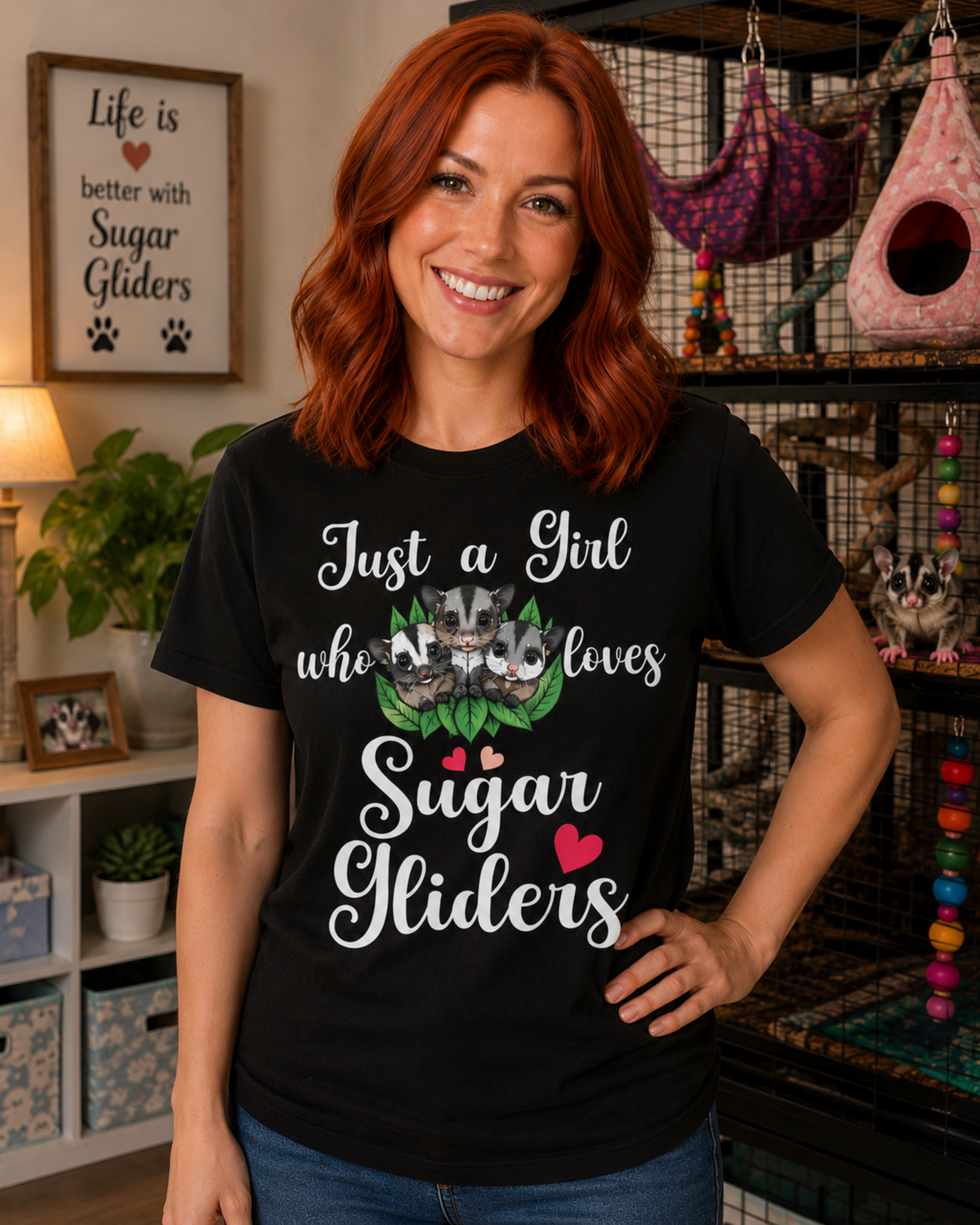 Woman wearing a black Just a Girl Who Loves Sugar Gliders shirt beside a sugar glider cage.