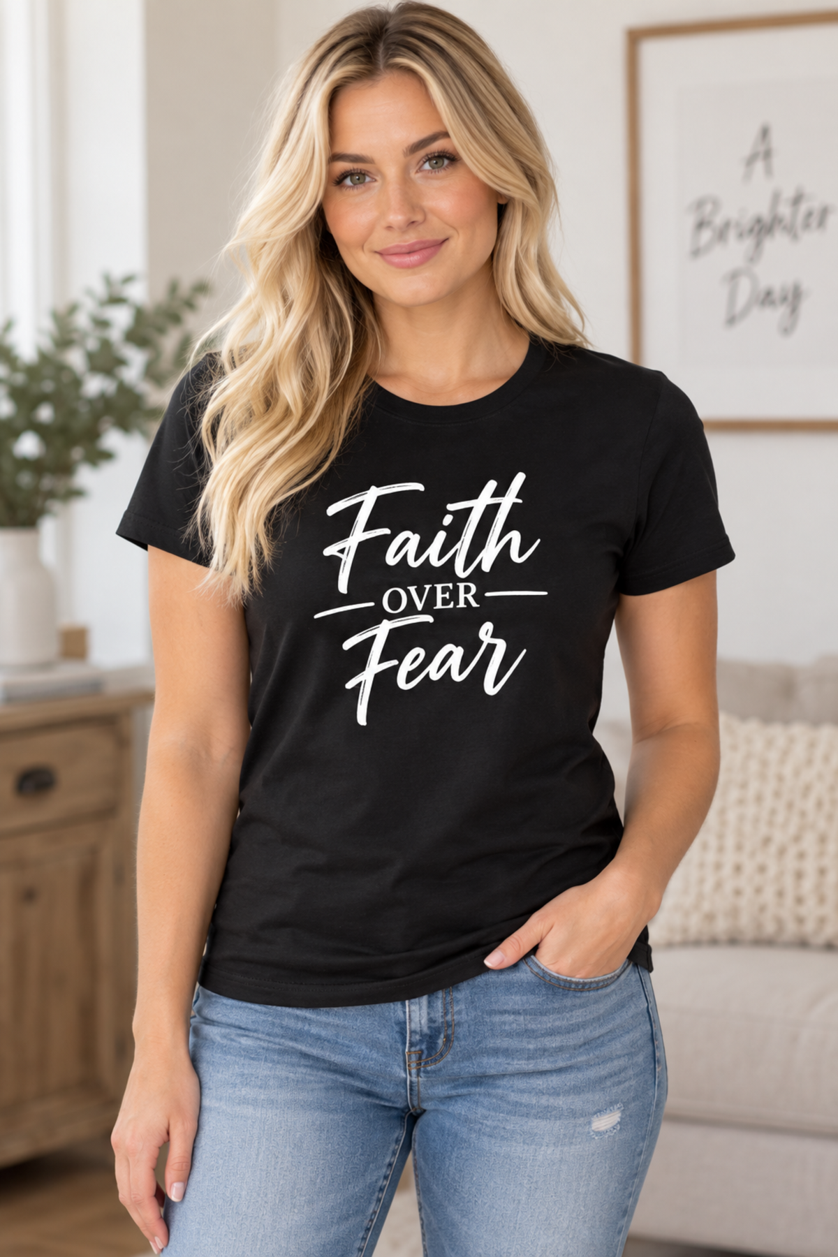 Choose faith over fear with this beautiful women’s Christian T-shirt. Featuring an uplifting “Faith Over Fear” design, this shirt is a meaningful reminder to trust God through every season.