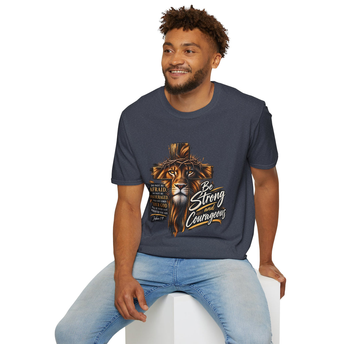 Be Strong and Courageous Christian T-Shirt – Joshua 1:9 Lion Faith Tee