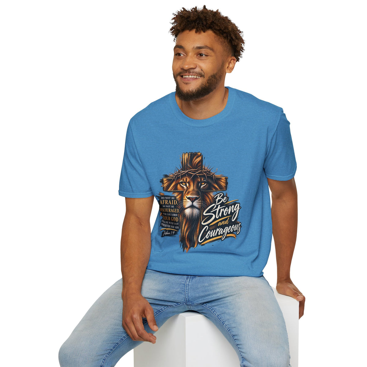 Be Strong and Courageous Christian T-Shirt – Joshua 1:9 Lion Faith Tee