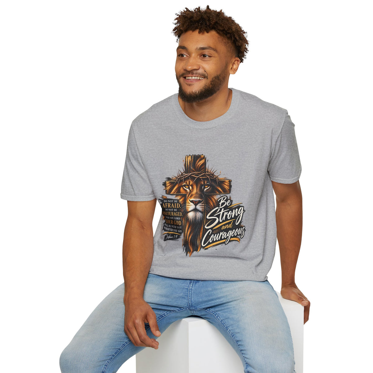 Be Strong and Courageous Christian T-Shirt – Joshua 1:9 Lion Faith Tee