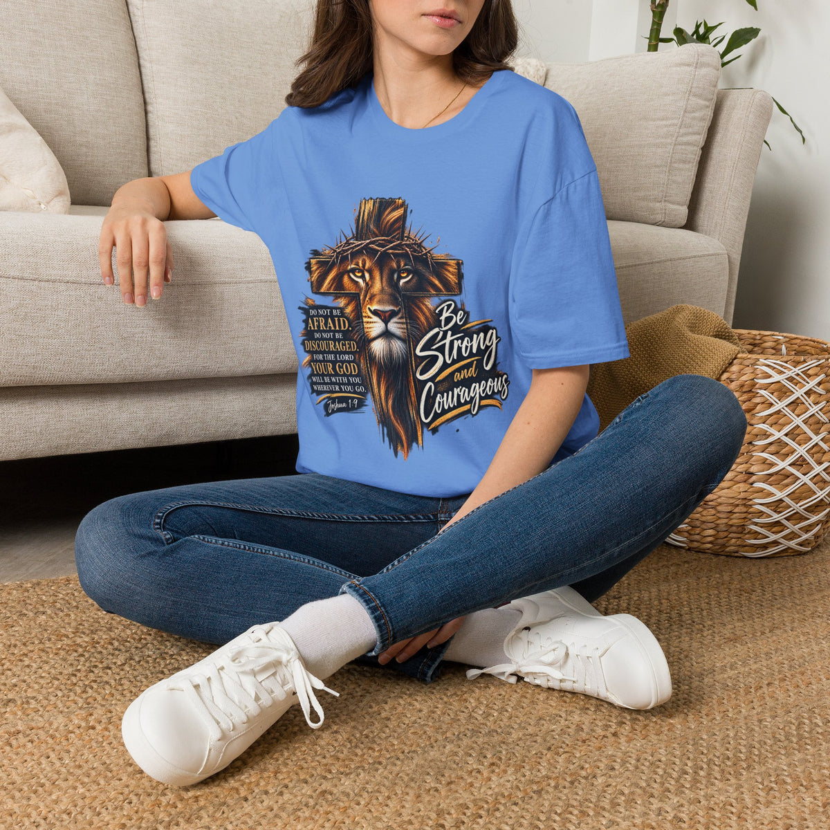 Be Strong and Courageous Christian T-Shirt – Joshua 1:9 Lion Faith Tee