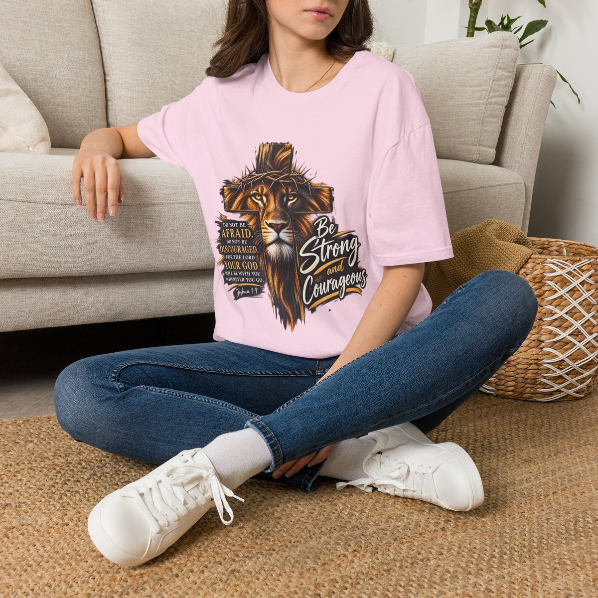 Be Strong and Courageous Christian T-Shirt – Joshua 1:9 Lion Faith Tee